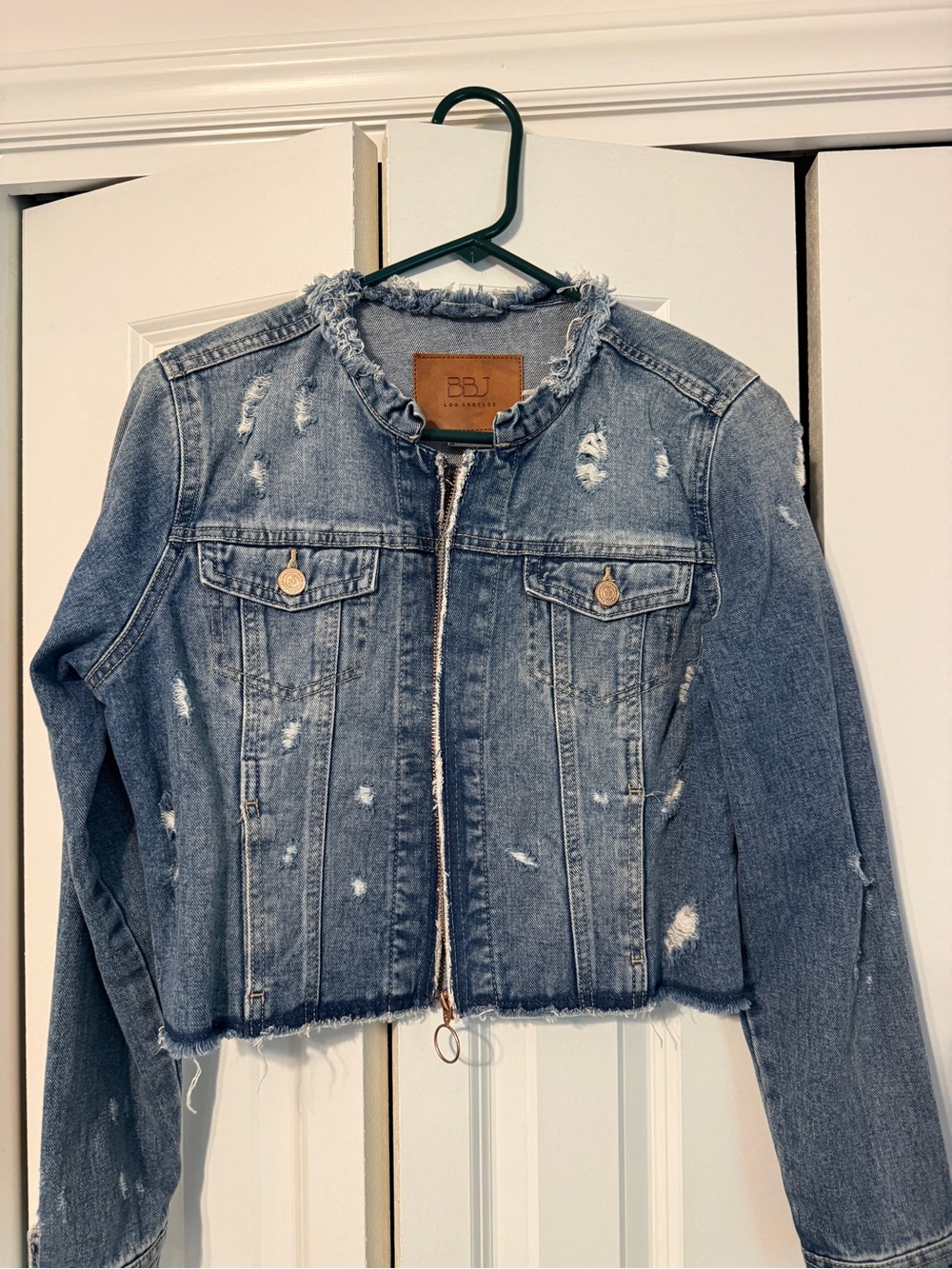 Distressed Blue Denim Jacket - Women's Cropped Jean Coat